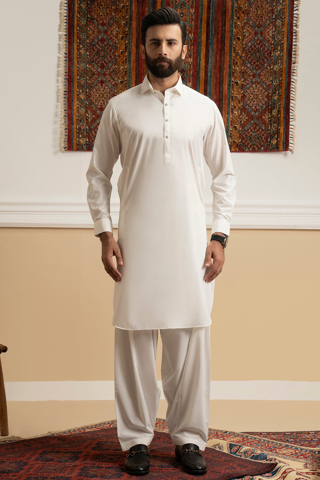 Off-White Blended Fabric Shalwar Kameez (2-Piece) - Image 2