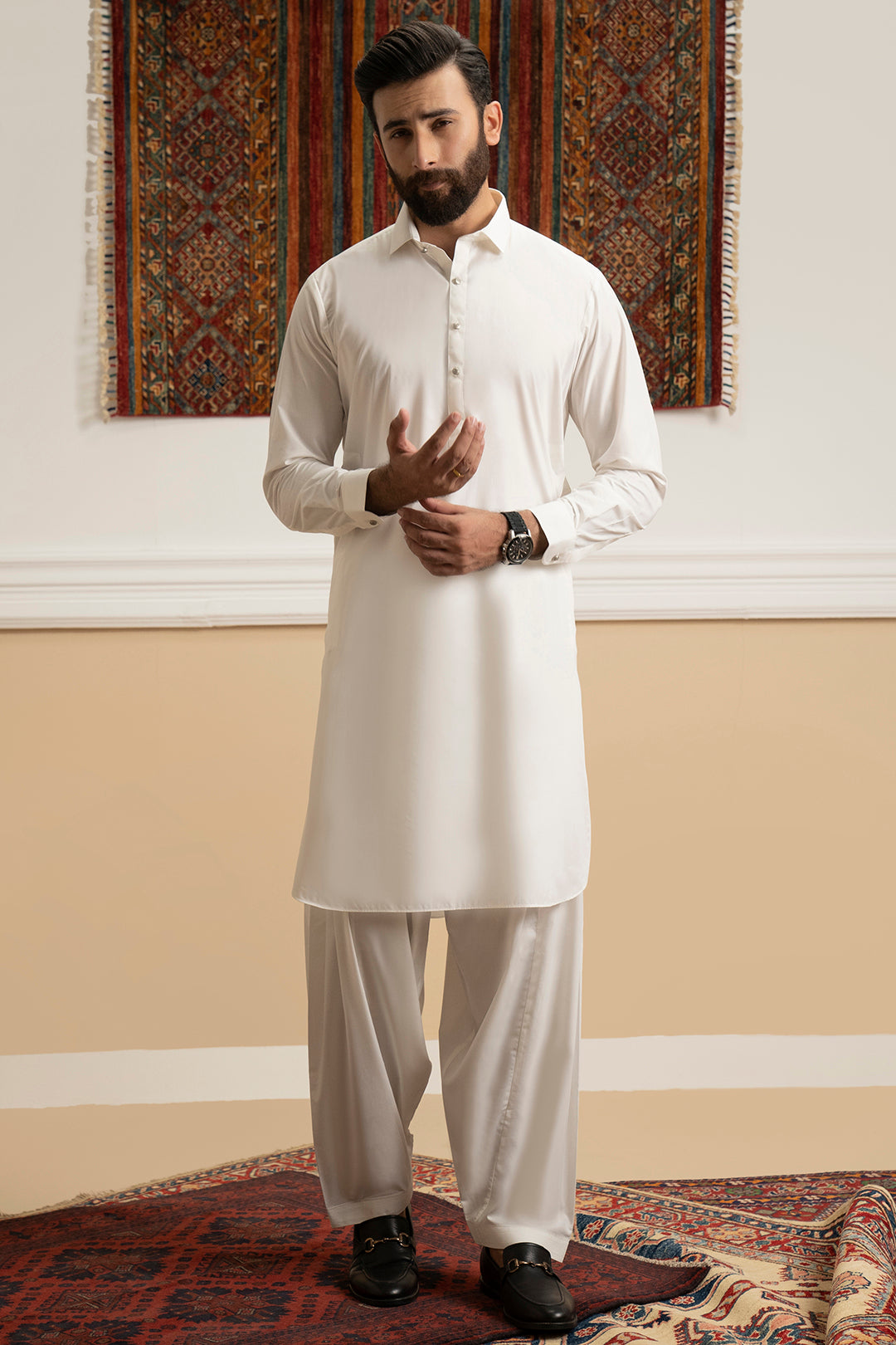 Off-White Blended Fabric Shalwar Kameez (2-Piece) - Image 8
