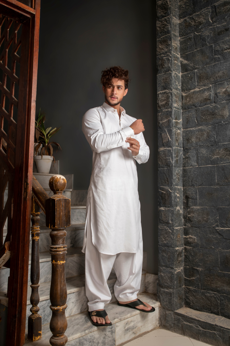 Off White Textured Cotton-Blend Shalwar Kameez (2-Piece) - Image 1