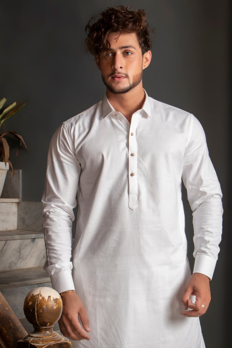 Off White Textured Cotton-Blend Shalwar Kameez (2-Piece) - Image 2