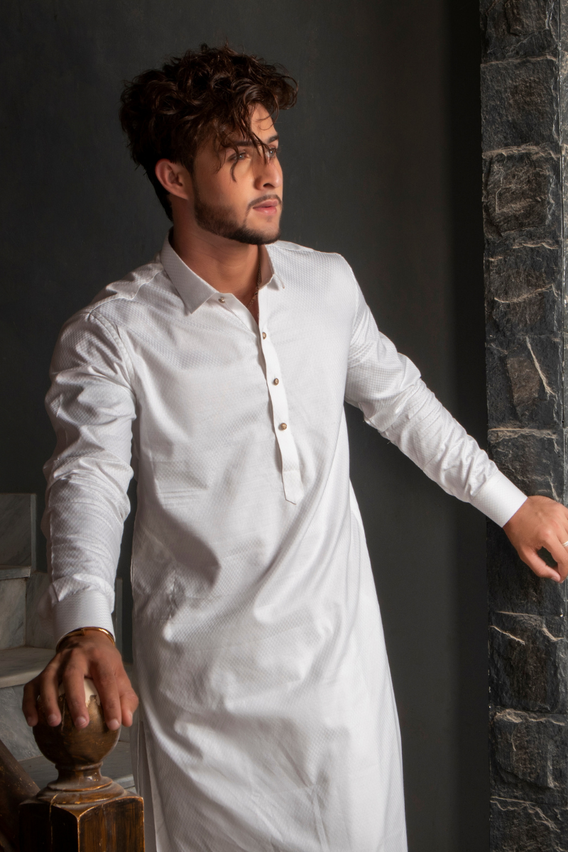 Off White Textured Cotton-Blend Shalwar Kameez (2-Piece) - Image 3
