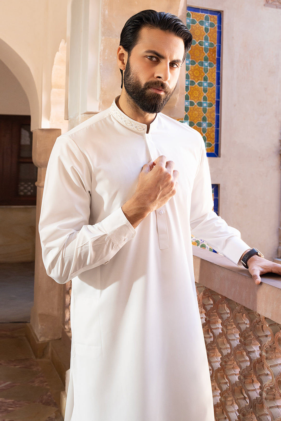 Off-White Embroidered Cotton Blend Shalwar Kameez (2-Piece) - Image 1