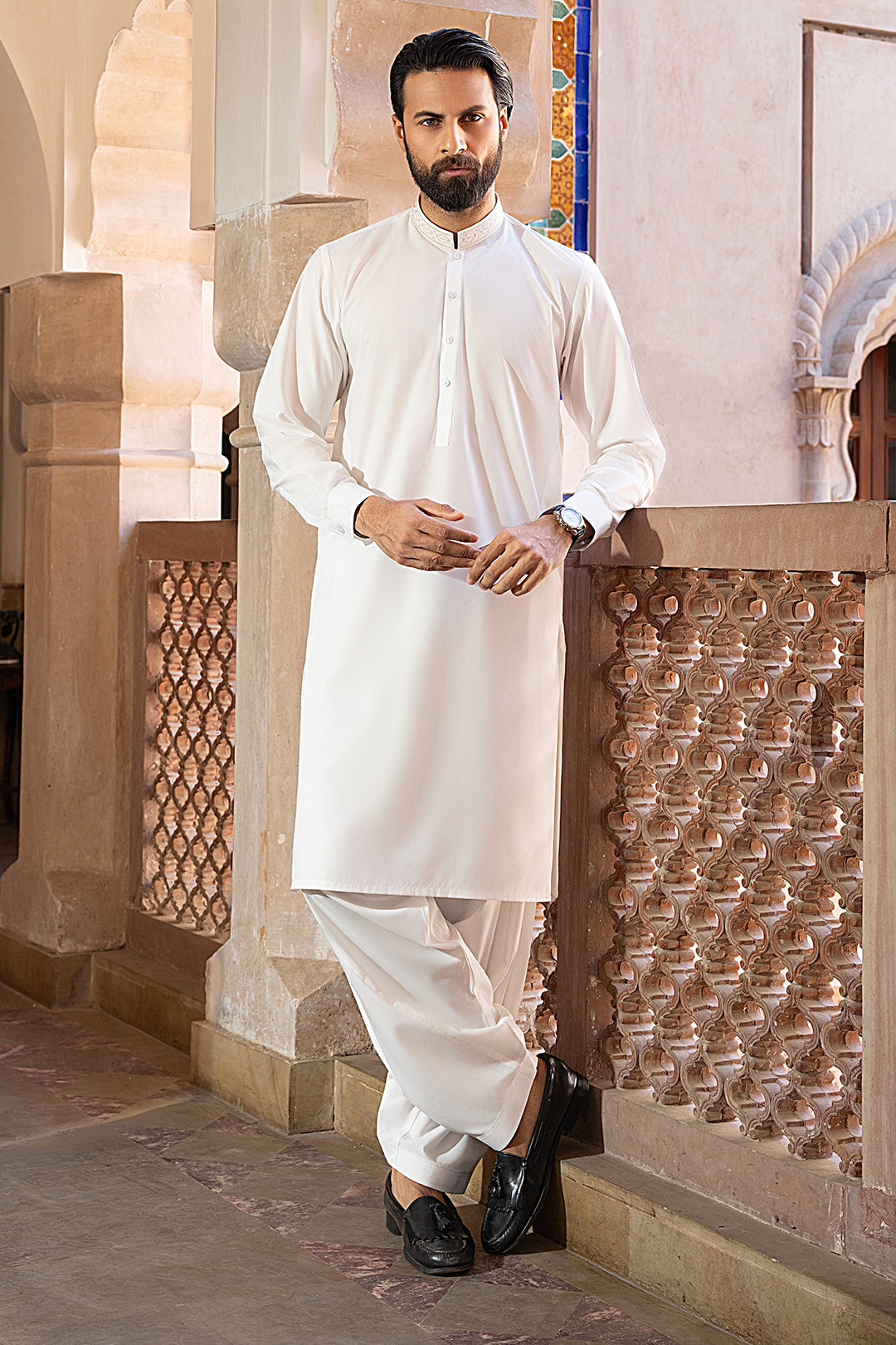 Off-White Embroidered Cotton Blend Shalwar Kameez (2-Piece) - Image 2