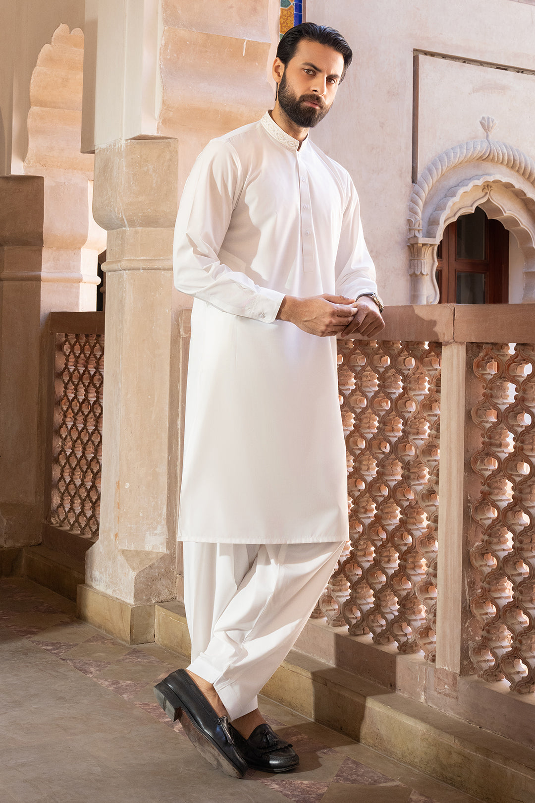 Off-White Embroidered Cotton Blend Shalwar Kameez (2-Piece) - Image 6