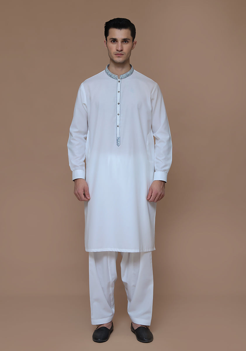 Off-White Embroidered Cotton Silk Shalwar Kameez (2-Piece) - Image 1