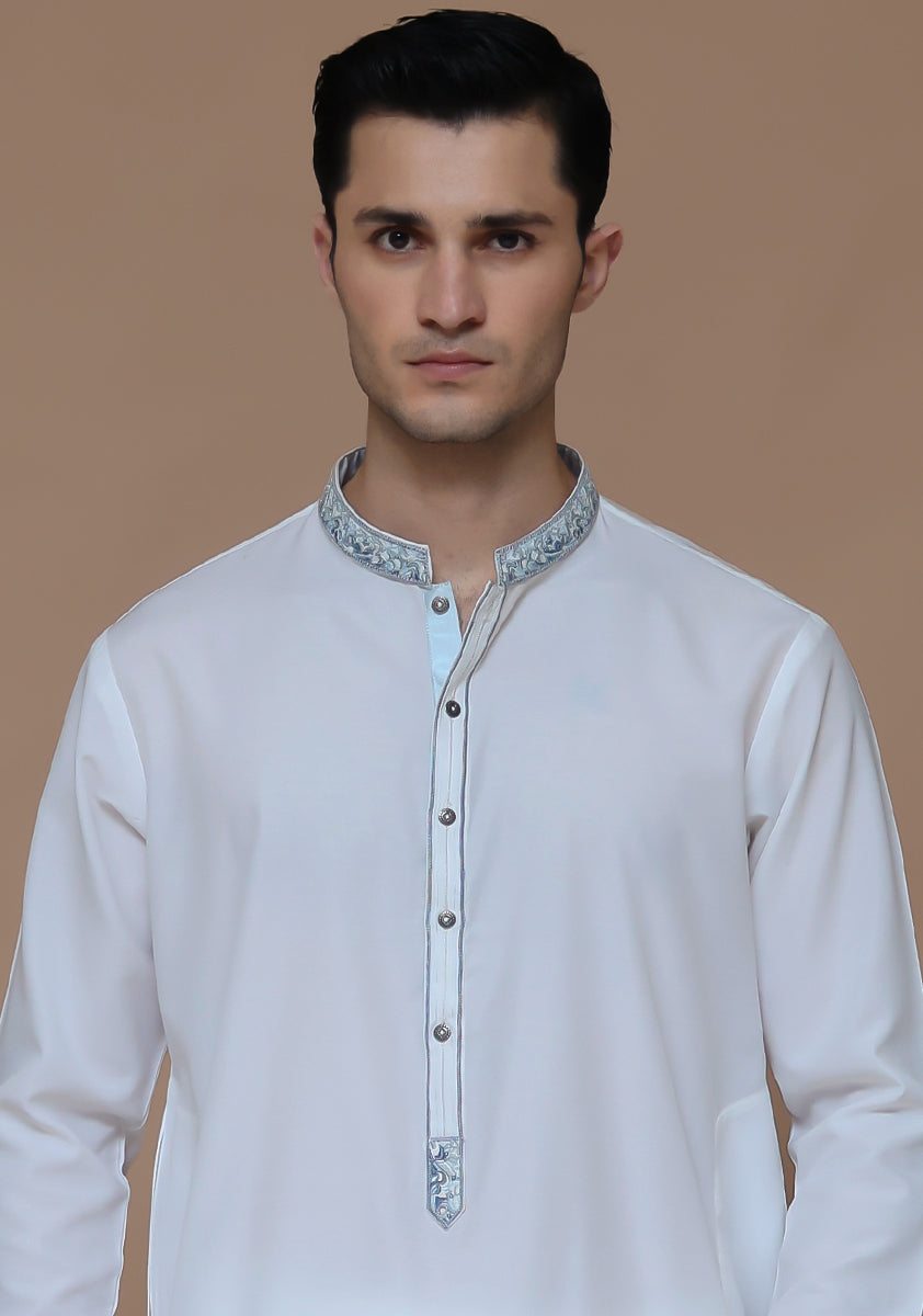 Off-White Embroidered Cotton Silk Shalwar Kameez (2-Piece) - Image 2