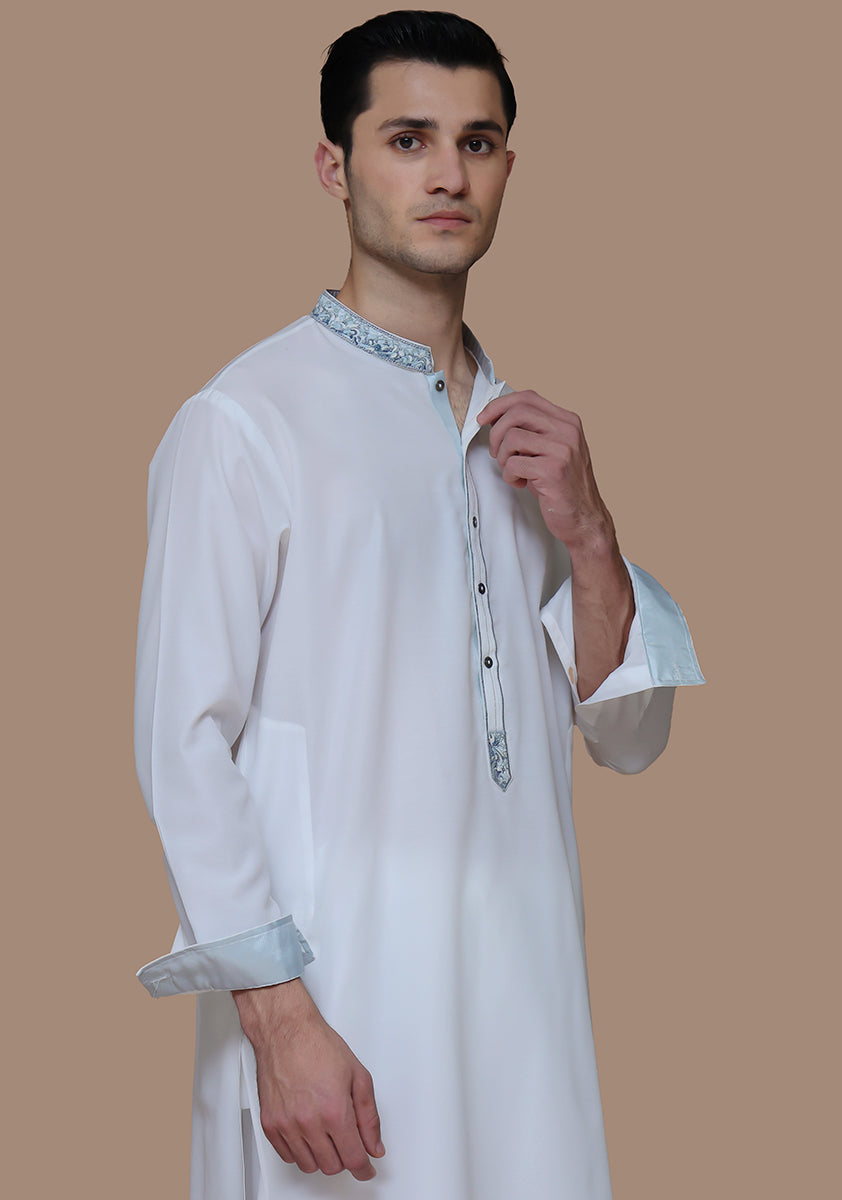 Off-White Embroidered Cotton Silk Shalwar Kameez (2-Piece) - Image 3