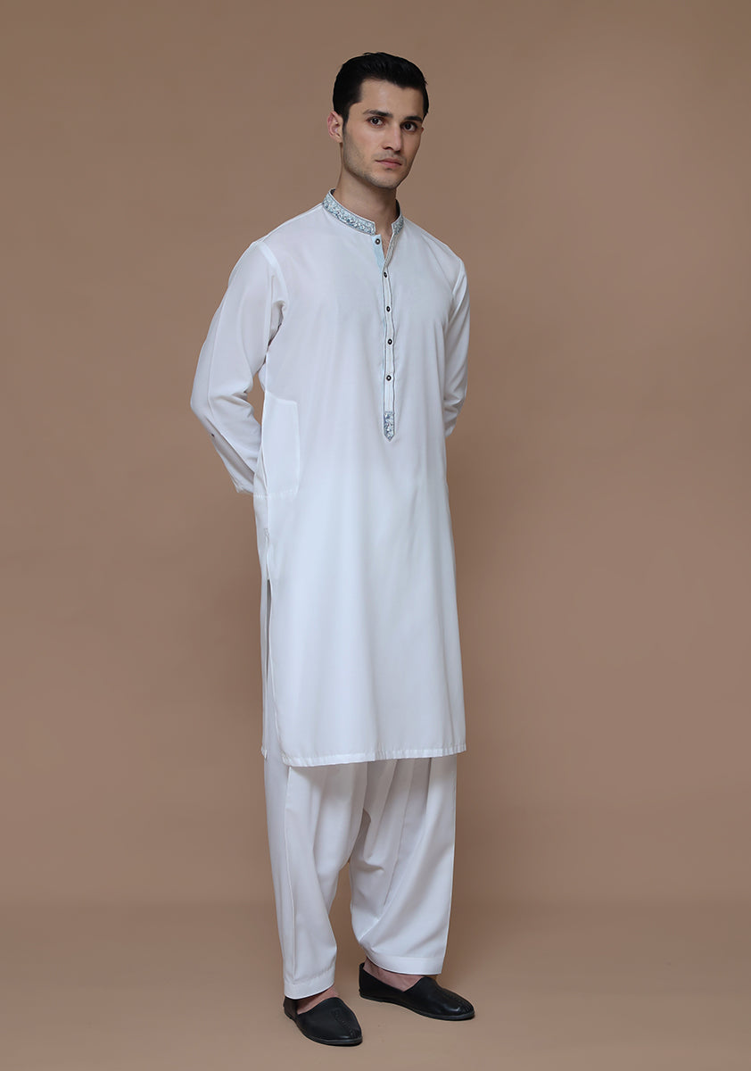 Off-White Embroidered Cotton Silk Shalwar Kameez (2-Piece) - Image 5
