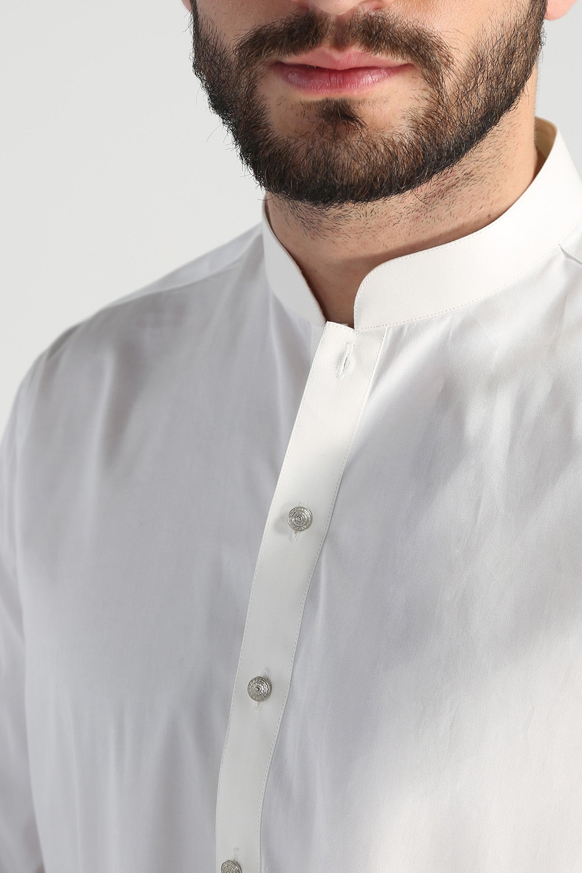 Off-White Cotton Band Collar Kameez Shalwar (2-Piece) - Image 4