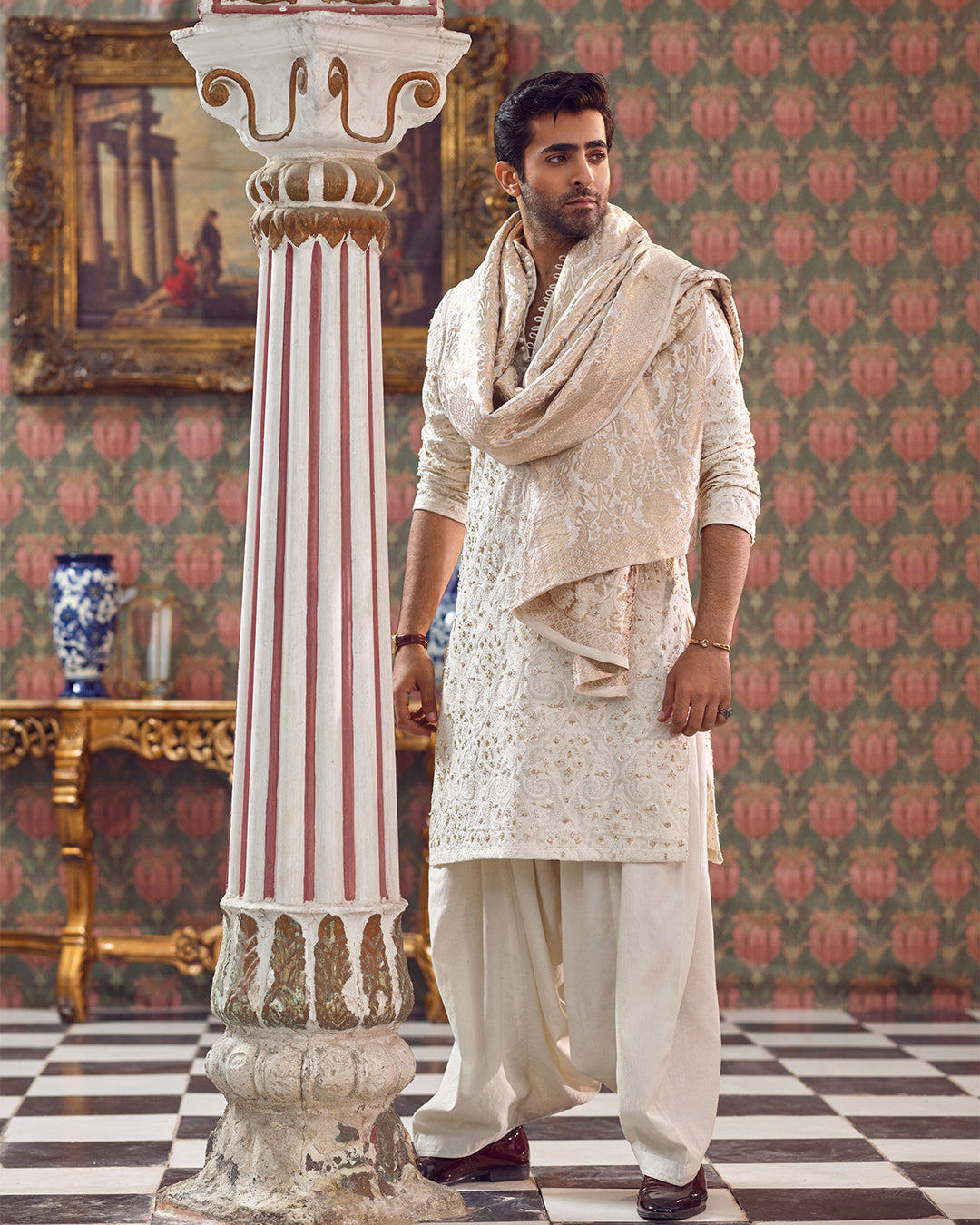 Ivory Hand-Embellished Karandi Kurta Set (3-Piece) - Image 1