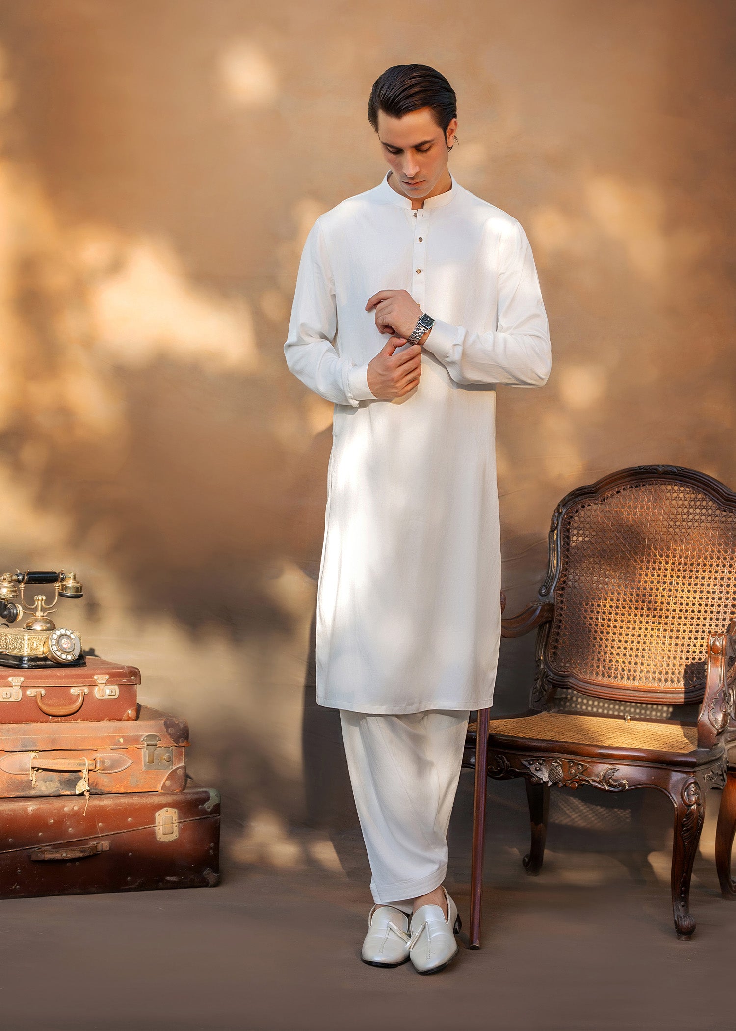 Ivory White Ari Work Fine Merino Kurta Shalwar (2-Piece) - Image 3