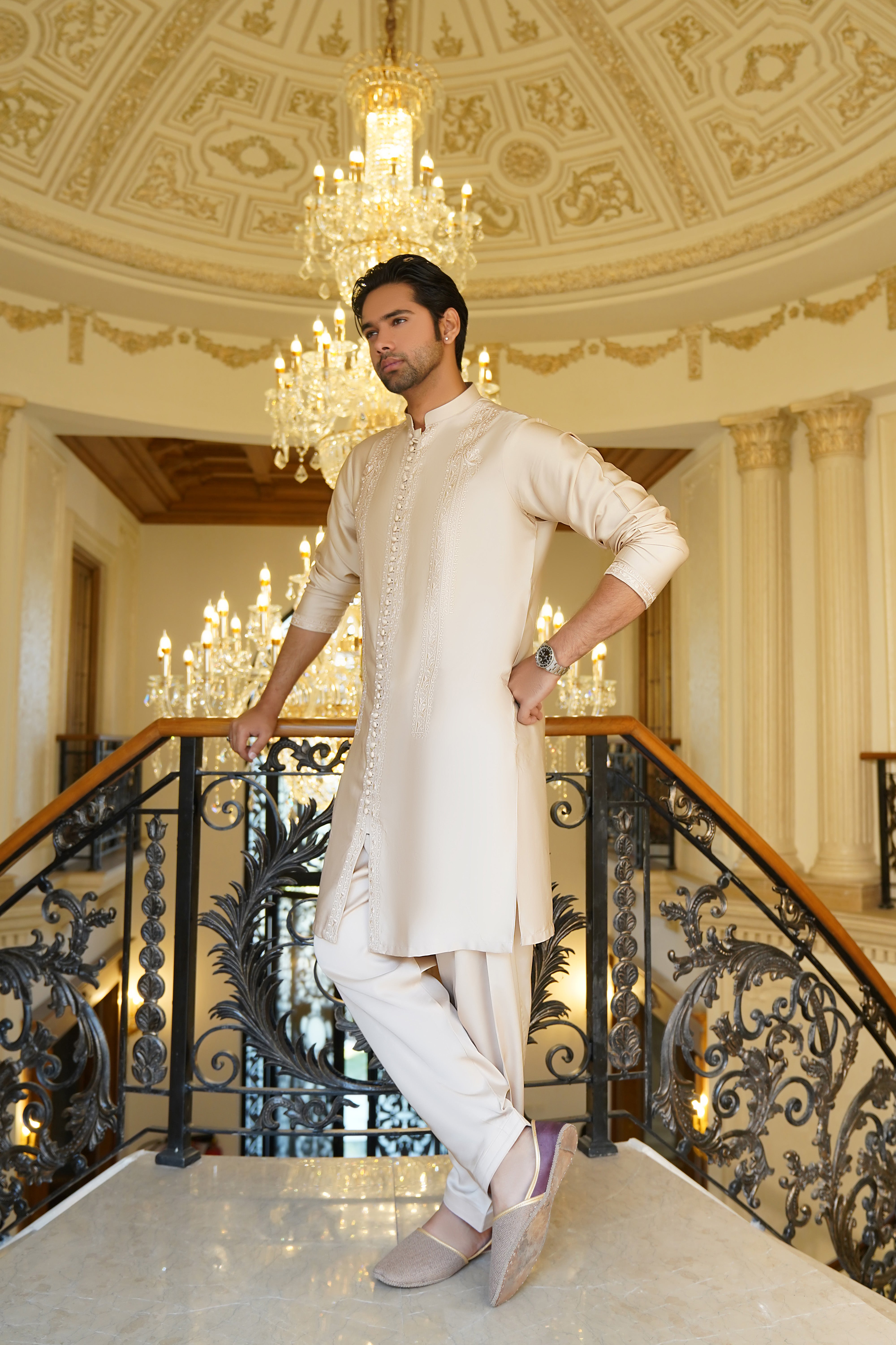 Ivory Embroidered Silk-Blend Kurta Shalwar (2-Piece) - Image 1