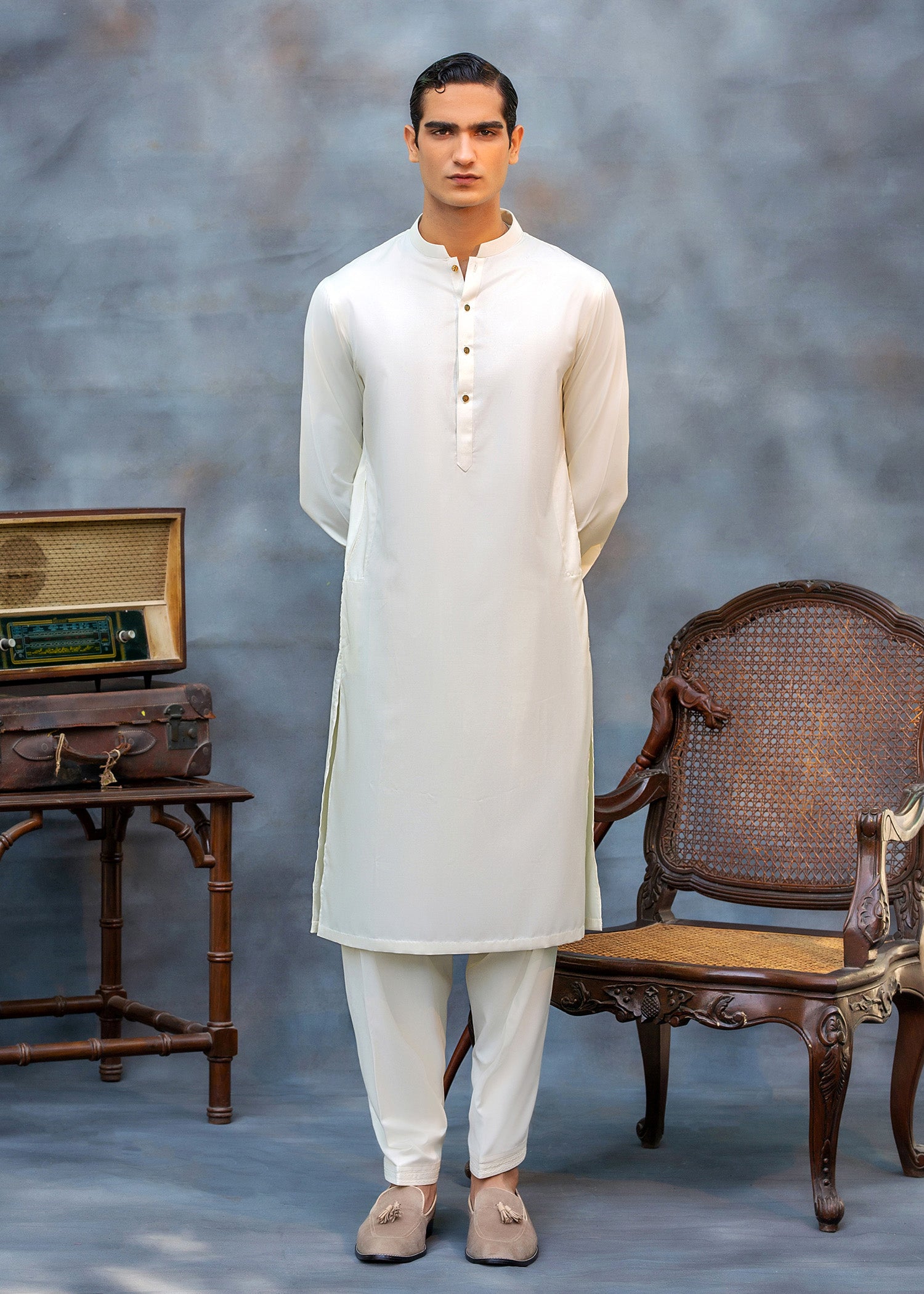 Off-White Ari Work Premium Suiting Kurta Shalwar (2-Piece) - Image 1