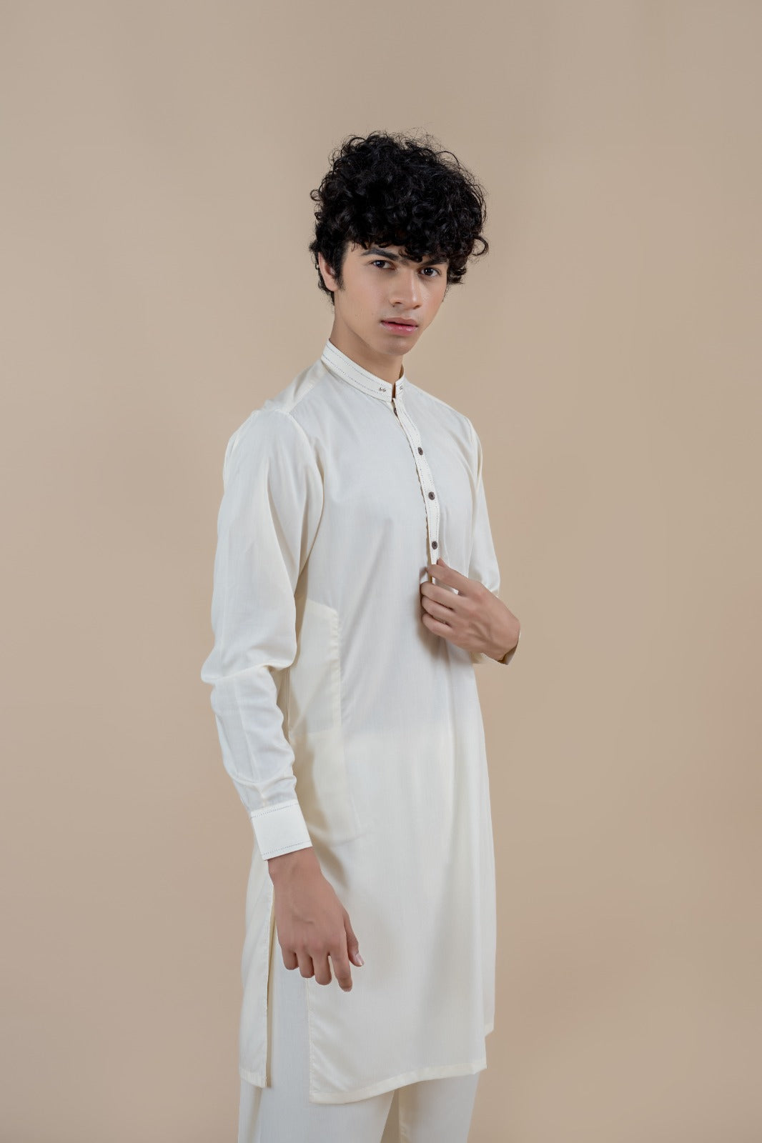 Cream Wash & Wear Shalwar Kameez (2-Piece) - Image 2