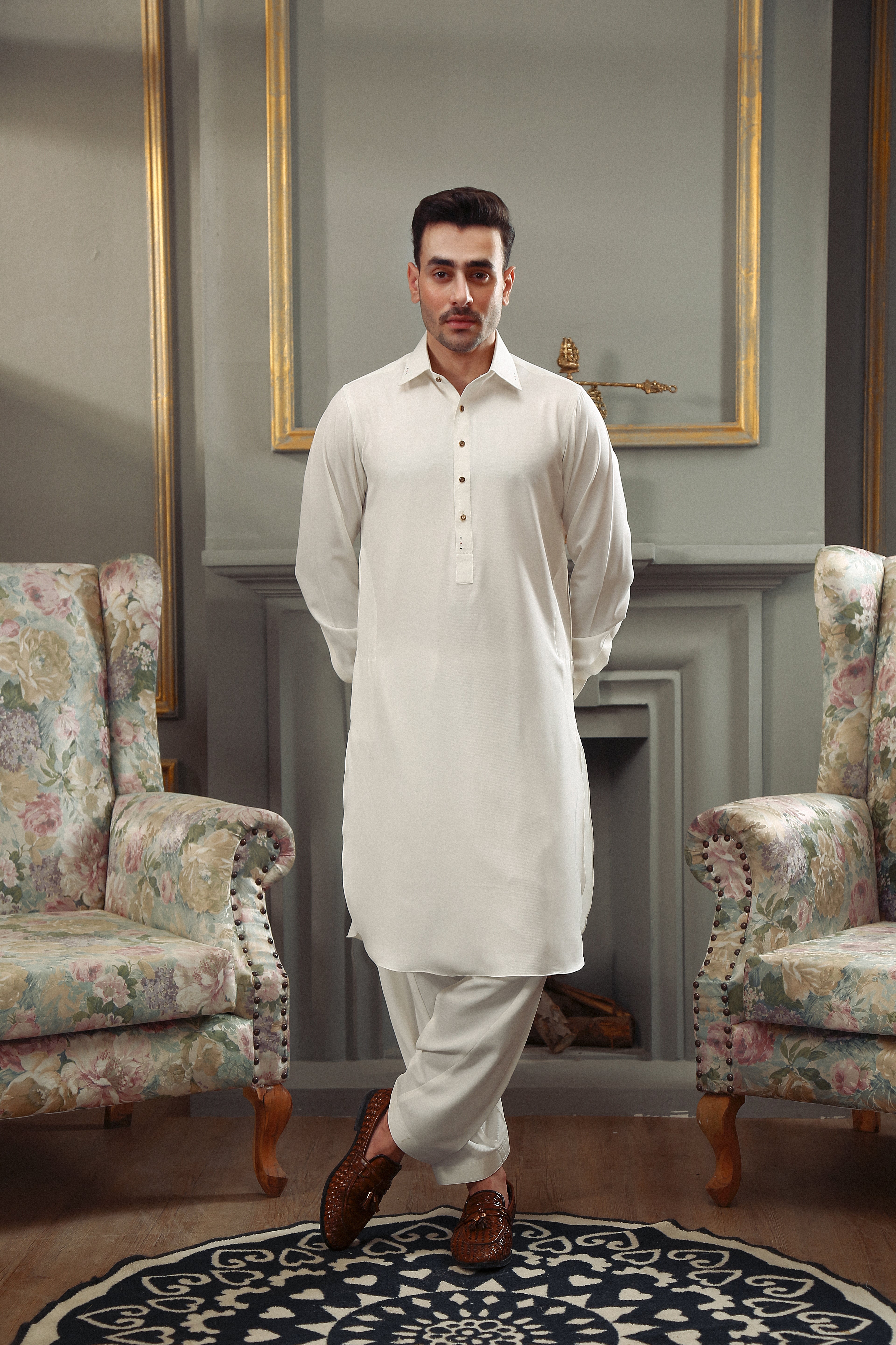 Off White Contrast Stitch Twill Weave Kameez Shalwar (2-Piece) - Image 1
