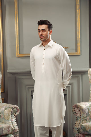 Off White Contrast Stitch Twill Weave Kameez Shalwar (2-Piece) - Image 3