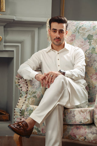 Off White Contrast Stitch Twill Weave Kameez Shalwar (2-Piece) - Image 4