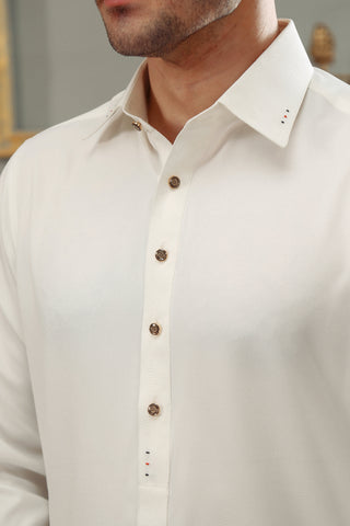 Off White Contrast Stitch Twill Weave Kameez Shalwar (2-Piece) - Image 5