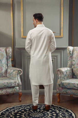 Off White Contrast Stitch Twill Weave Kameez Shalwar (2-Piece) - Image 6