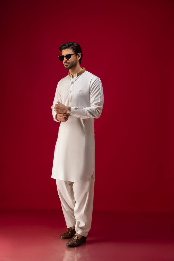 Off White Embroidered Wash & Wear Shalwar Kameez (2-Piece) - Image 1