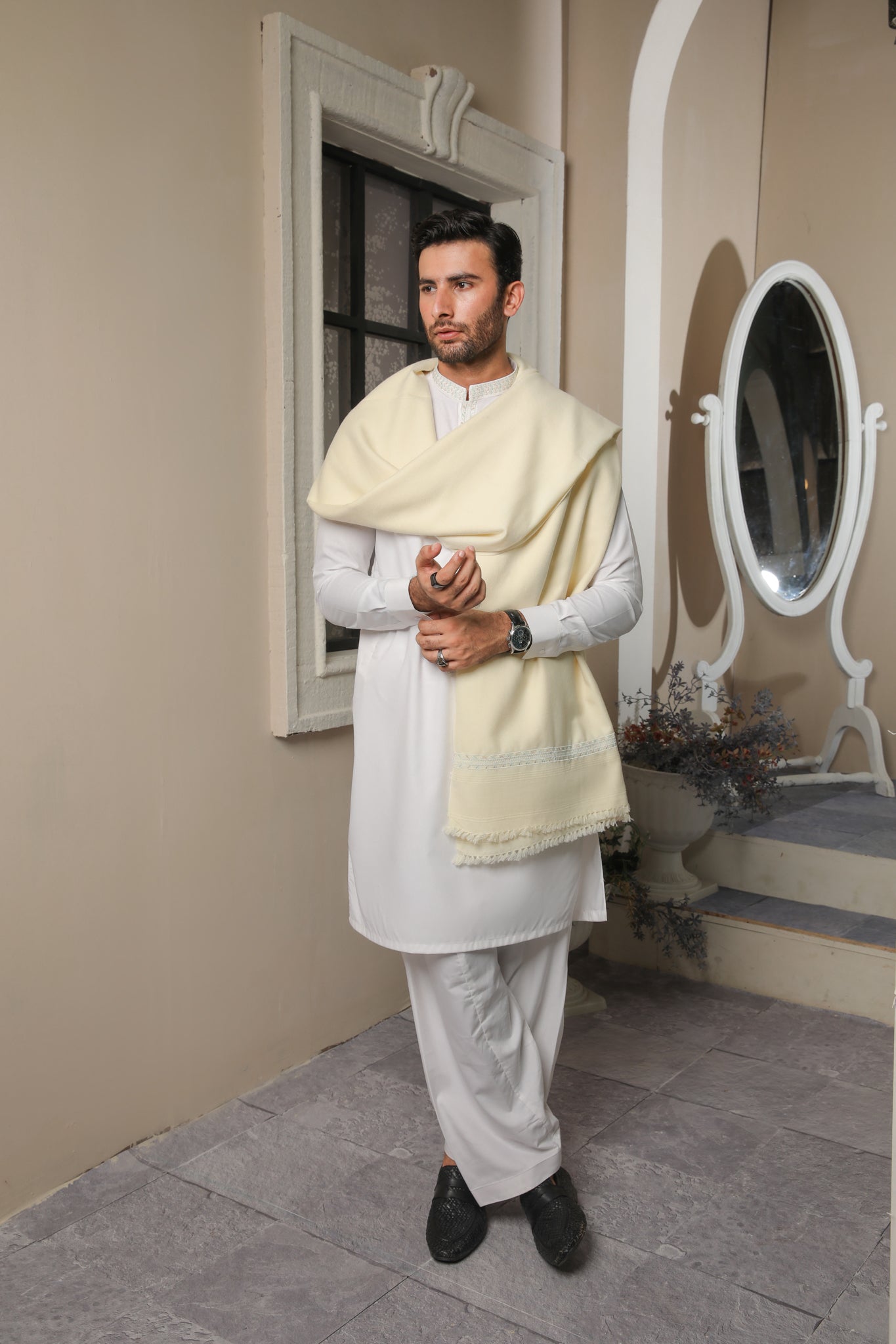 Off White Embroidered Blended Kameez Shalwar (3-Piece) - Image 4