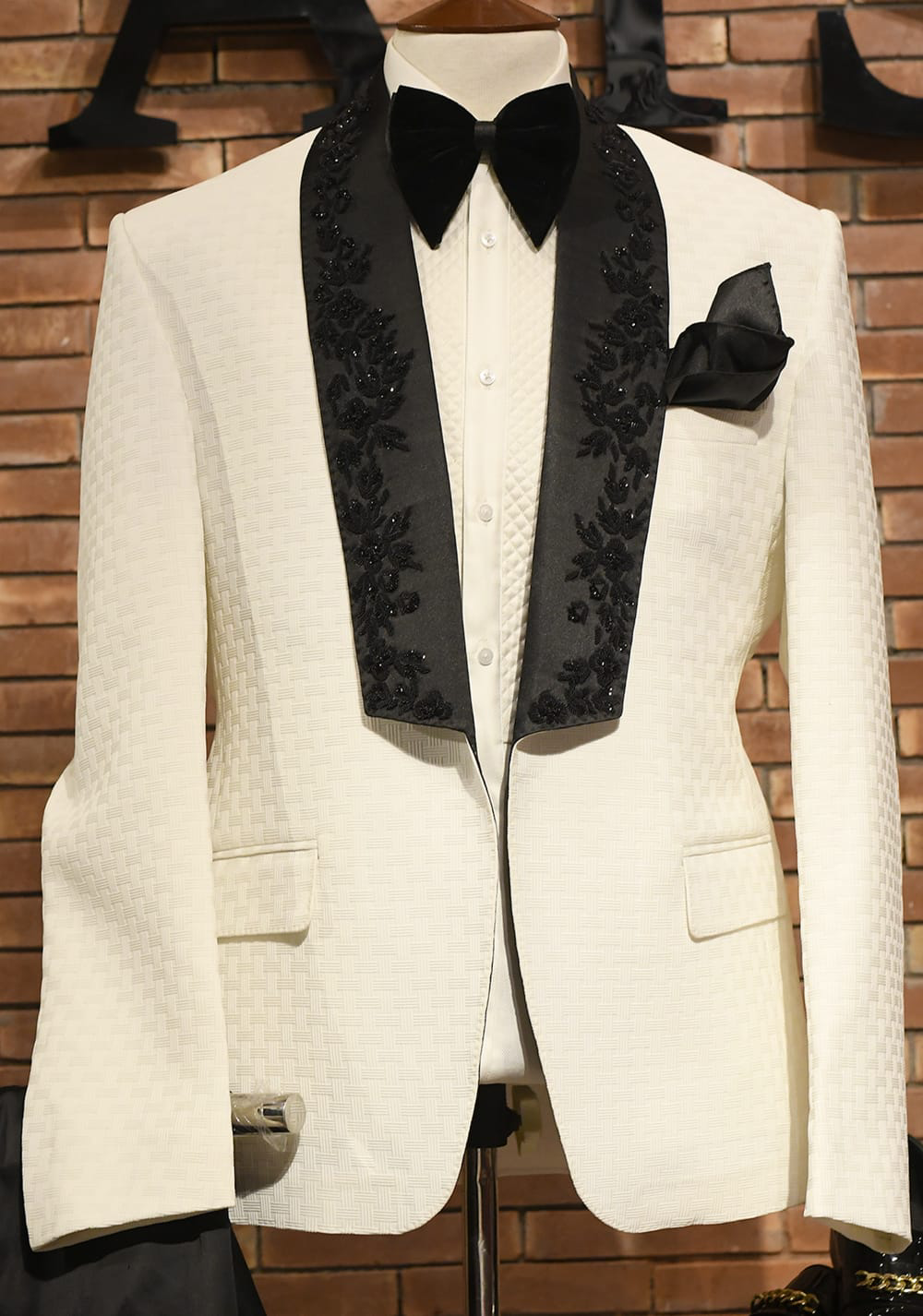 Off-White Embroidered Jamawar Tuxedo Jacket (3-Piece) - Image 1
