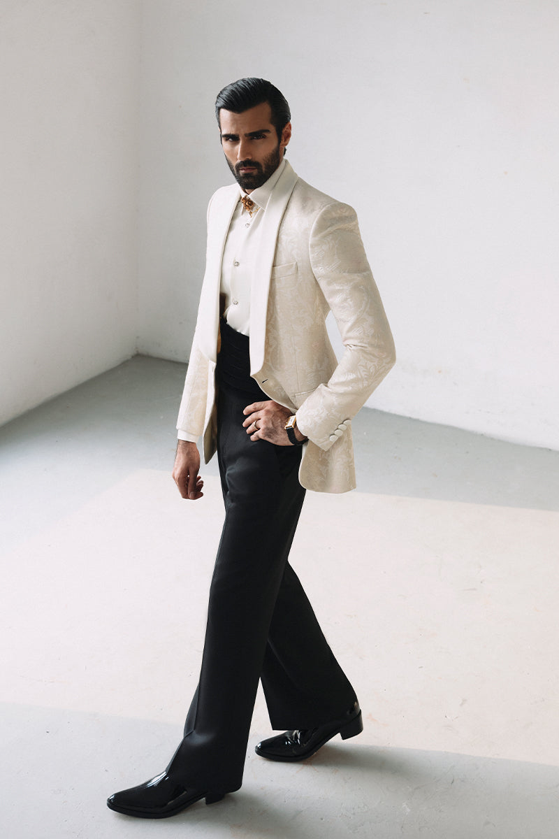 Ivory Satin Jacquard Tuxedo Suit (2-Piece) - Image 1