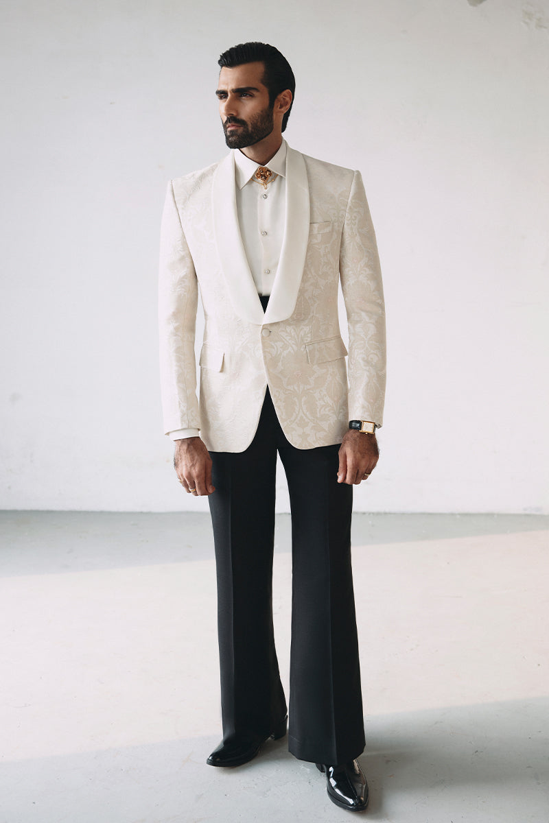 Ivory Satin Jacquard Tuxedo Suit (2-Piece) - Image 2