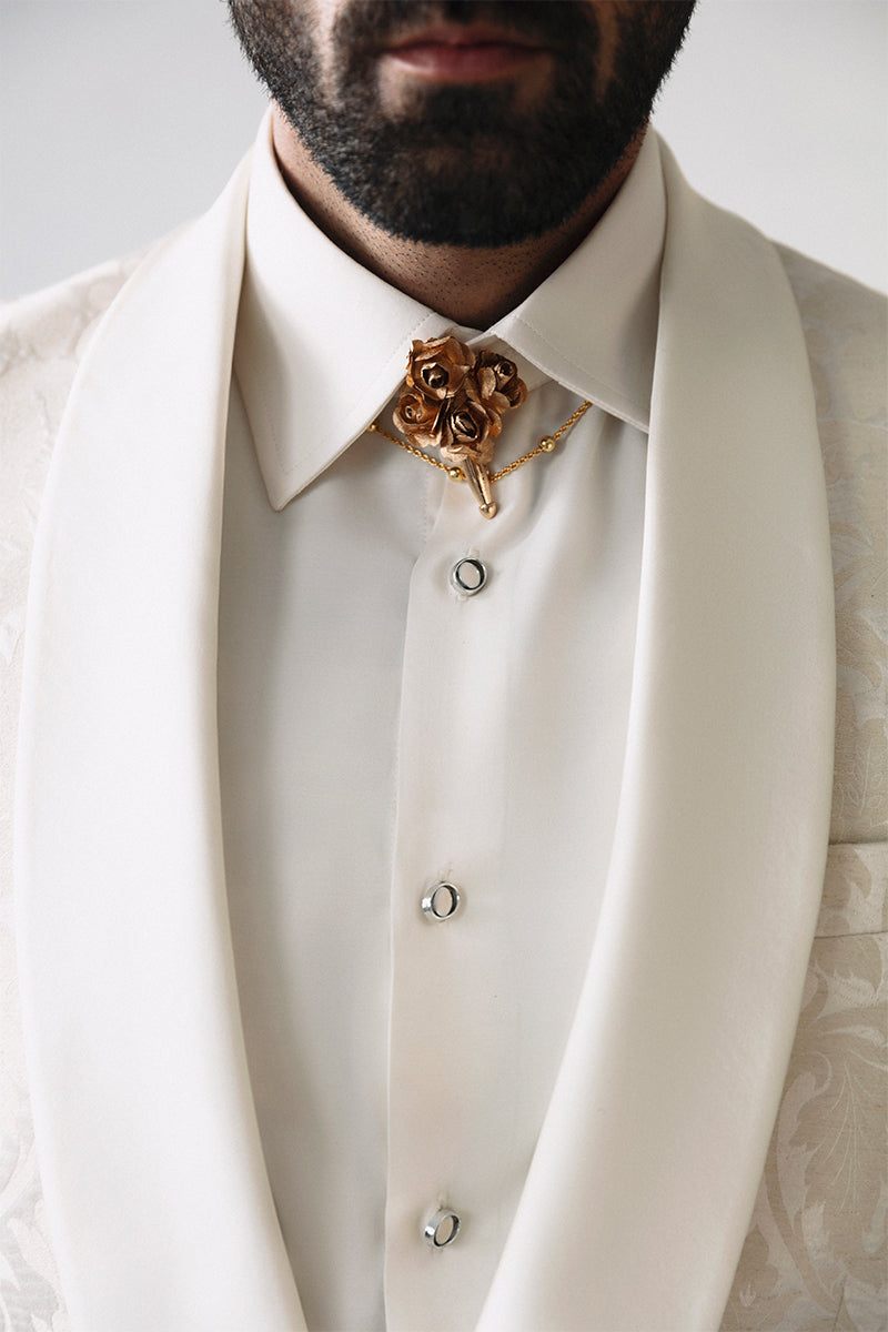 Ivory Satin Jacquard Tuxedo Suit (2-Piece) - Image 3