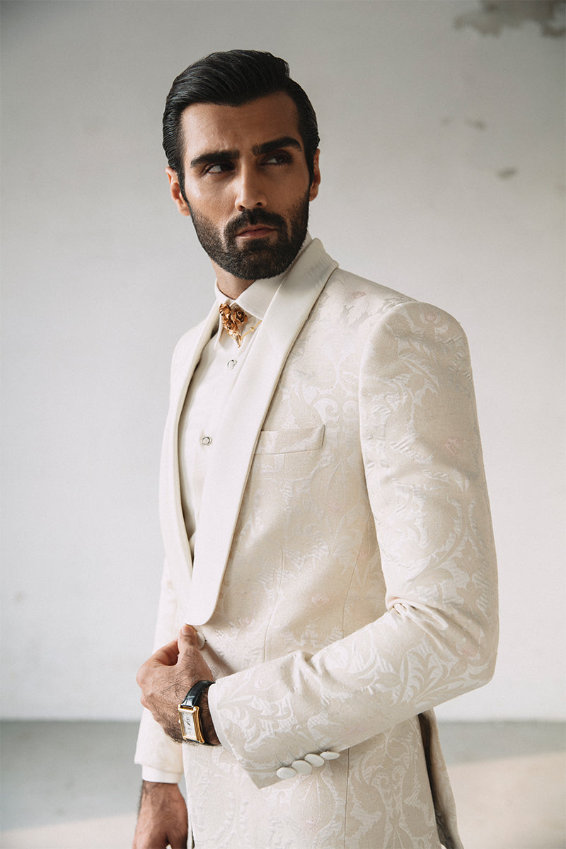Ivory Satin Jacquard Tuxedo Suit (2-Piece) - Image 4