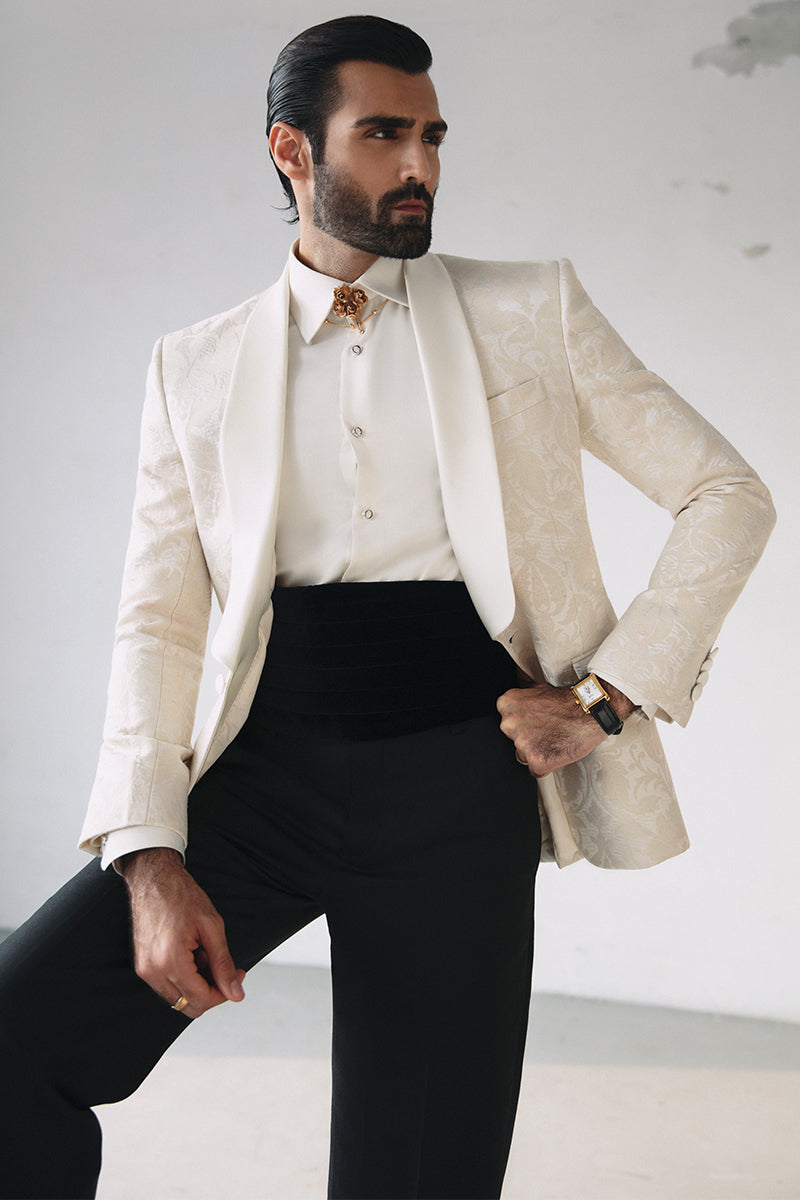 Ivory Satin Jacquard Tuxedo Suit (2-Piece) - Image 5