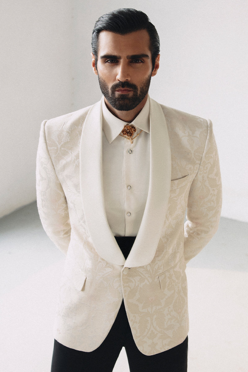 Ivory Satin Jacquard Tuxedo Suit (2-Piece) - Image 6