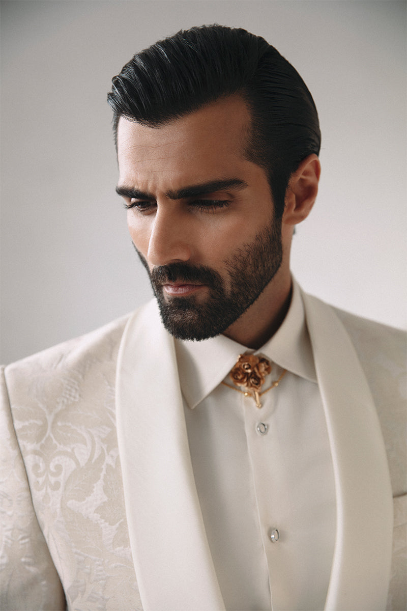 Ivory Satin Jacquard Tuxedo Suit (2-Piece) - Image 7