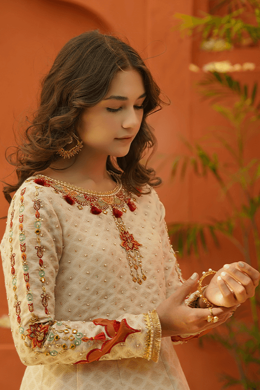 Pakistani Ivory Embroidered Cotton Net Peplum Dress (3-Piece) - Image 3