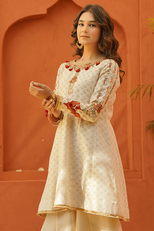 Pakistani Ivory Embroidered Cotton Net Peplum Dress (3-Piece) - Image 4