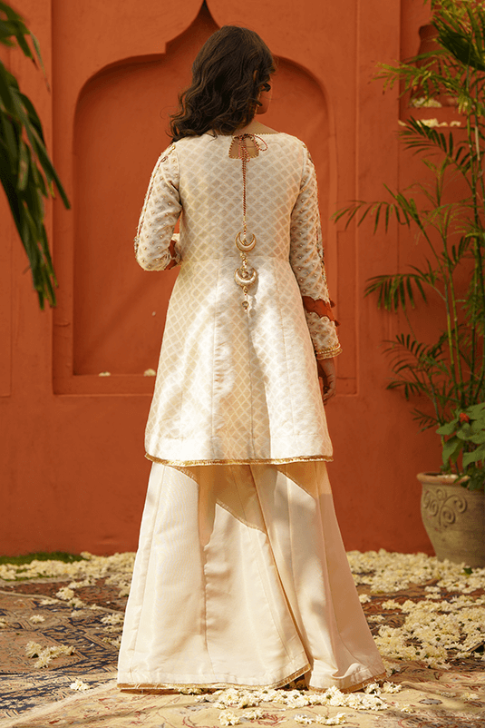 Pakistani Ivory Embroidered Cotton Net Peplum Dress (3-Piece) - Image 5