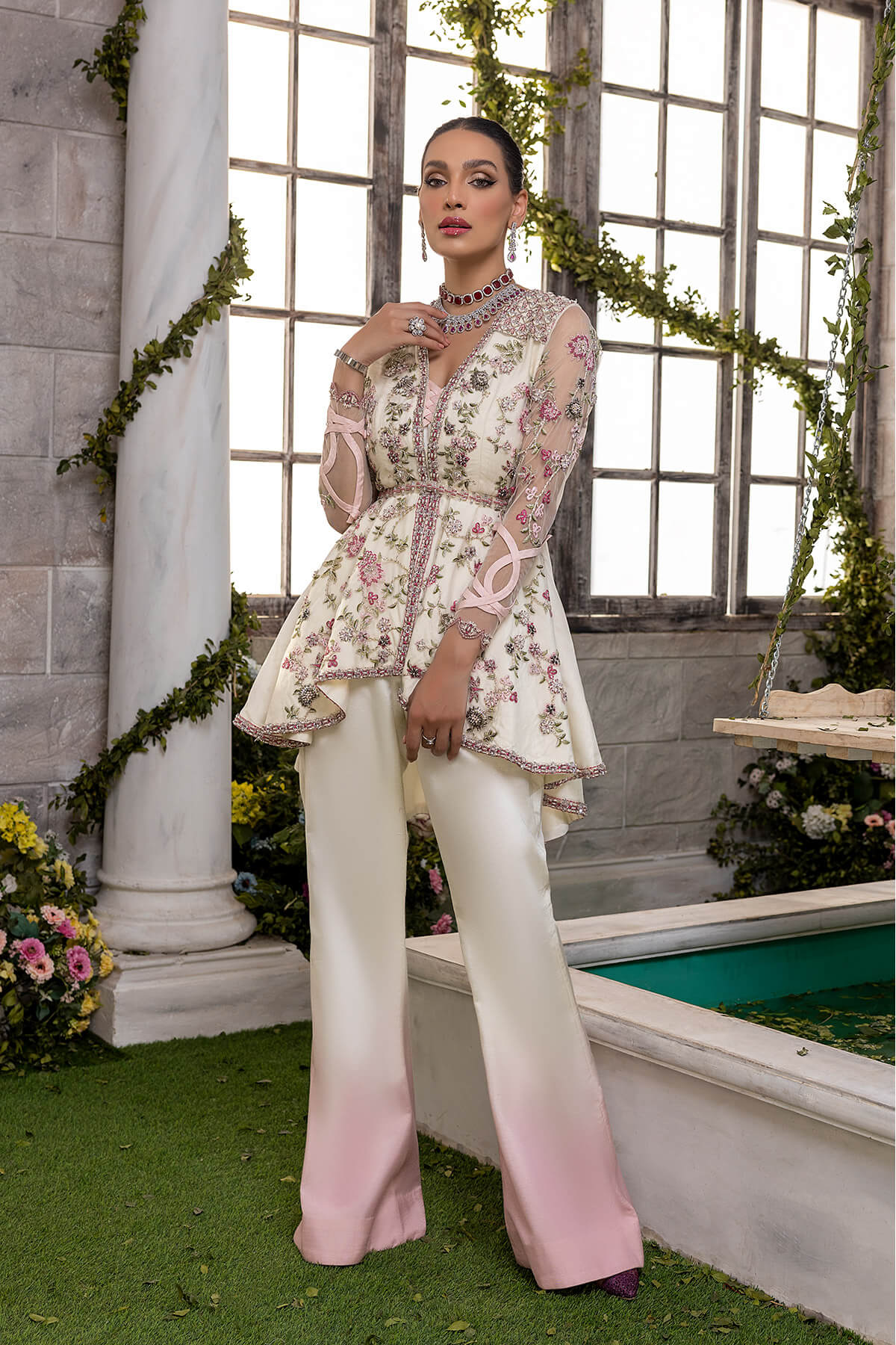 Ivory Embroidered Net & Kataan Silk Peplum Gown (3-Piece) - Image 1