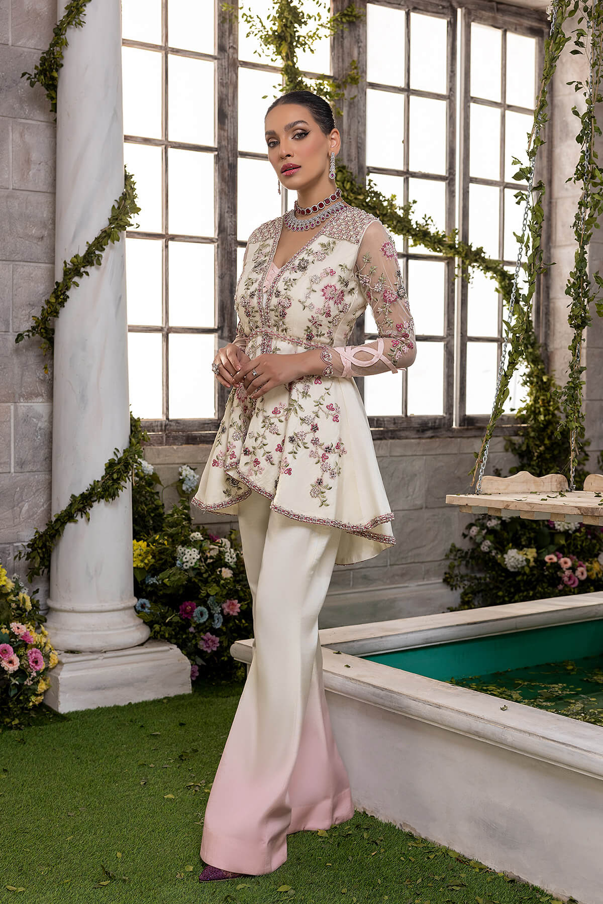 Ivory Embroidered Net & Kataan Silk Peplum Gown (3-Piece) - Image 2