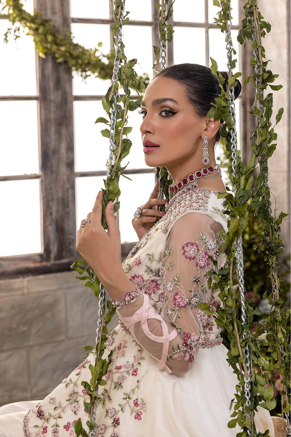 Ivory Embroidered Net & Kataan Silk Peplum Gown (3-Piece) - Image 3