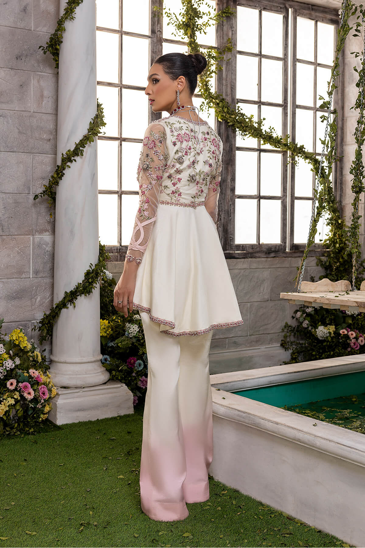 Ivory Embroidered Net & Kataan Silk Peplum Gown (3-Piece) - Image 4