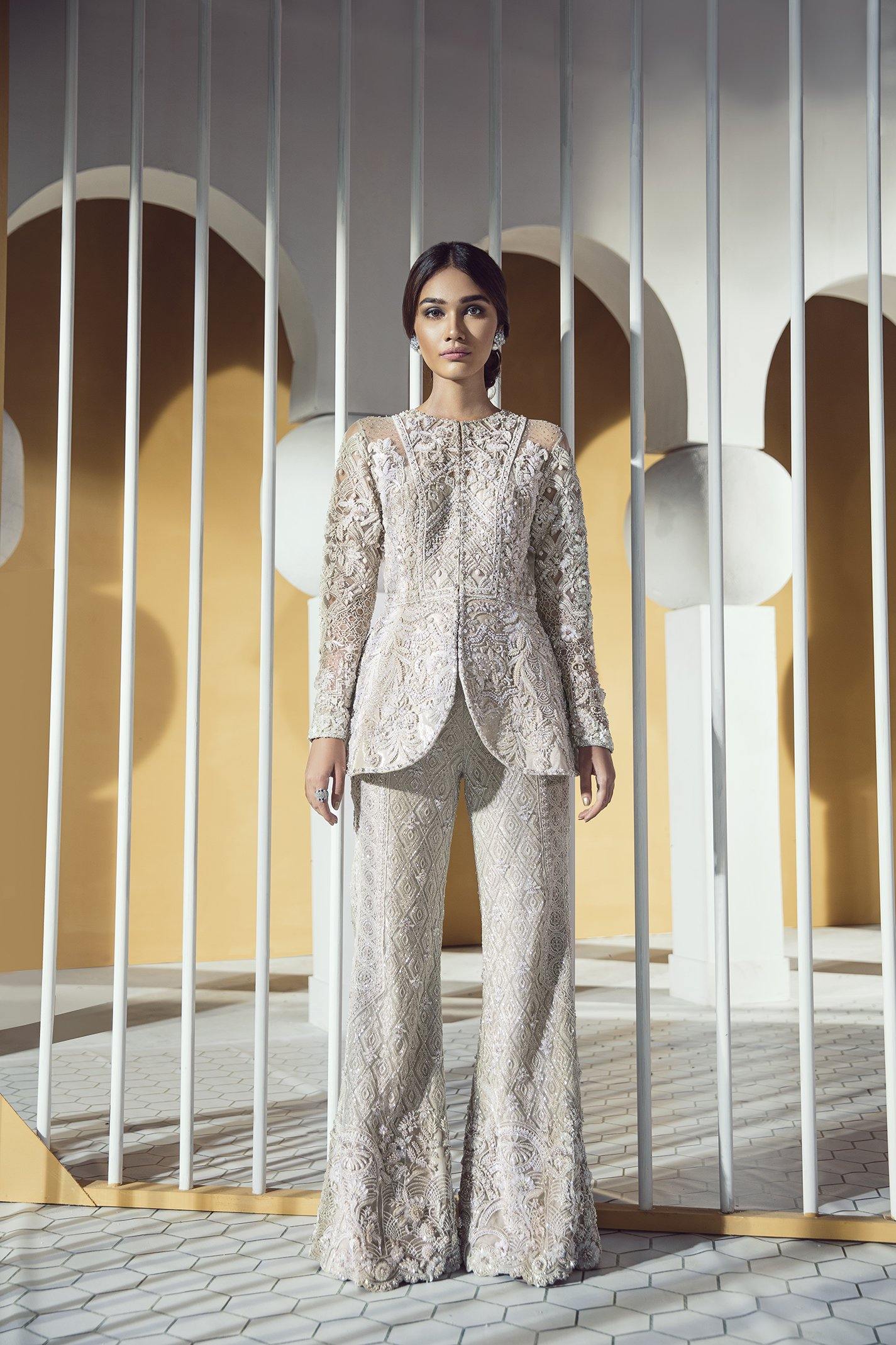 Ivory Handworked Net Peplum Jacket and Trousers (2-Piece) - Image 4