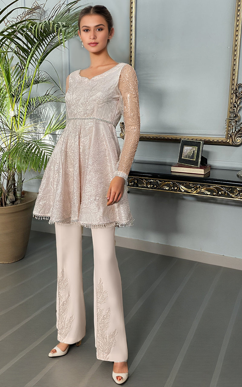 Pakistani Ivory Cut Dana Net Peplum with Silk Trousers (2-Piece) - Image 1
