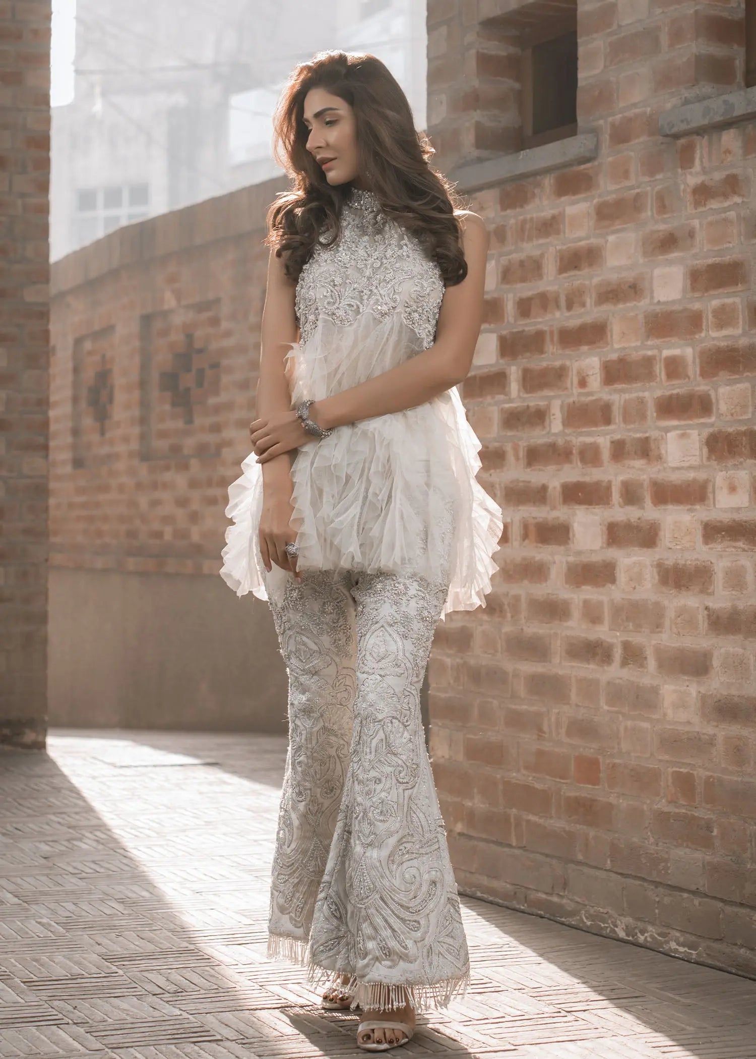 Pakistani Ivory Embellished Net Peplum with Raw Silk Pants (2-Piece) - Image 4