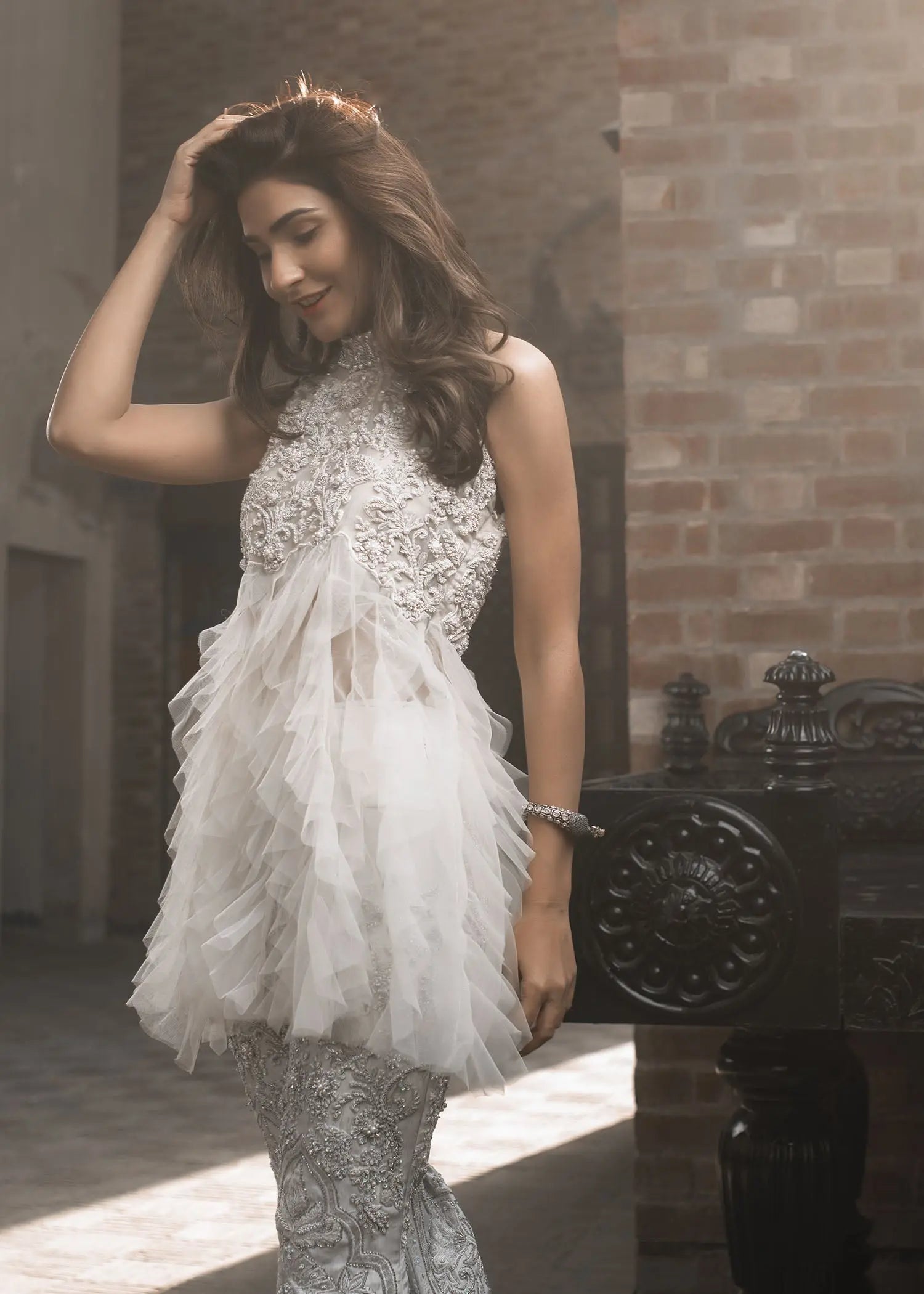 Pakistani Ivory Embellished Net Peplum with Raw Silk Pants (2-Piece) - Image 8