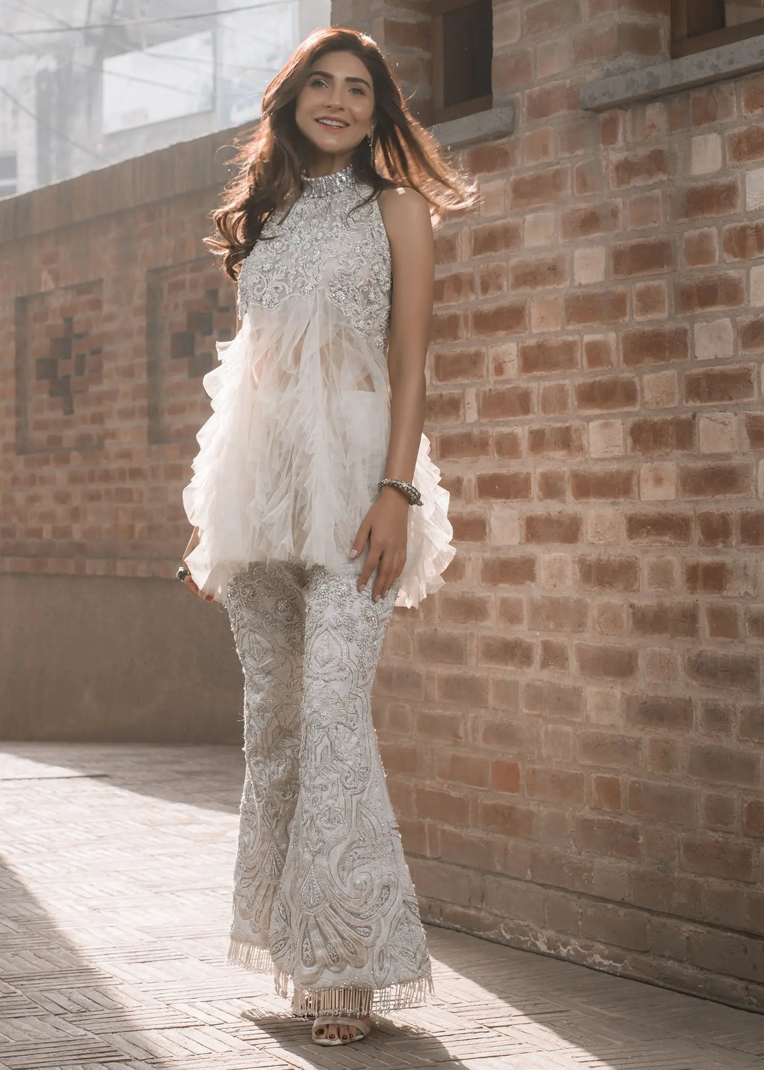 Pakistani Ivory Embellished Net Peplum with Bootcut Pants (2-Piece) - Image 1