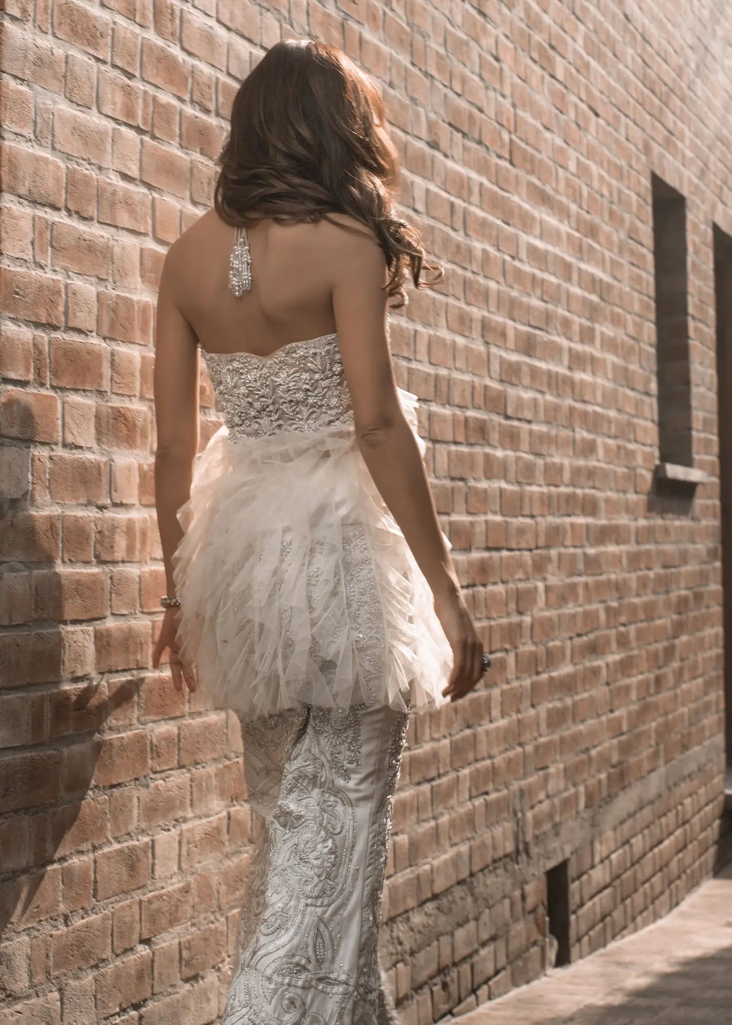 Pakistani Ivory Embellished Net Peplum with Bootcut Pants (2-Piece) - Image 2