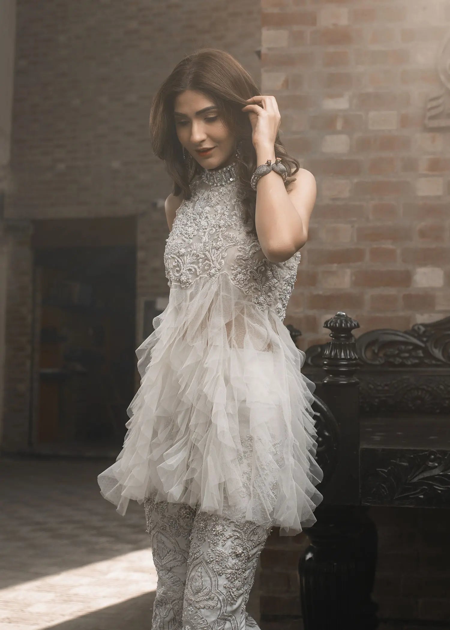 Pakistani Ivory Embellished Net Peplum with Bootcut Pants (2-Piece) - Image 7