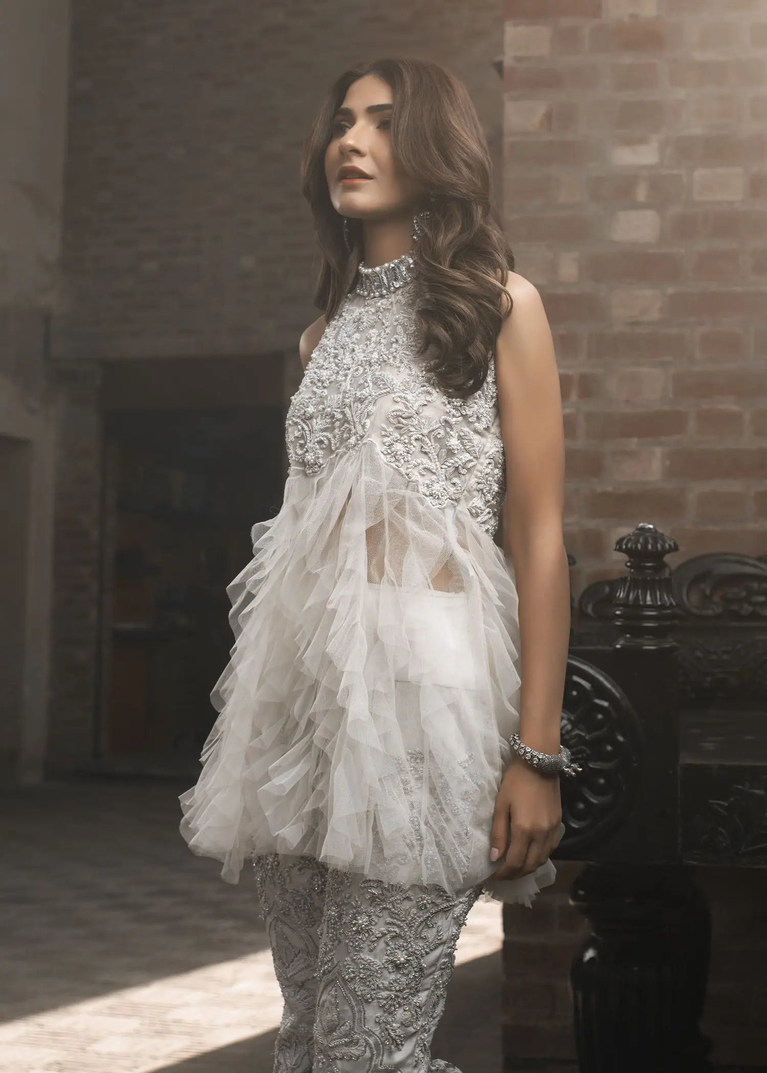 Pakistani Ivory Embellished Net Peplum with Bootcut Pants (2-Piece) - Image 8