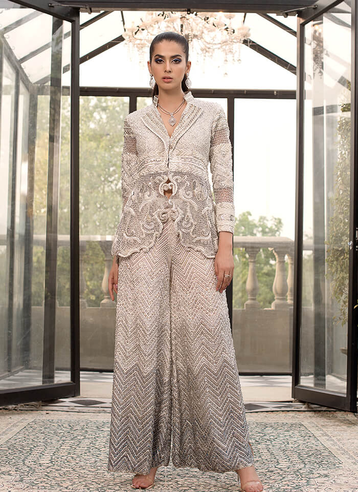 Pakistani Ivory Hand-Embellished Silk Peplum Jacket (2-Piece) - Image 1