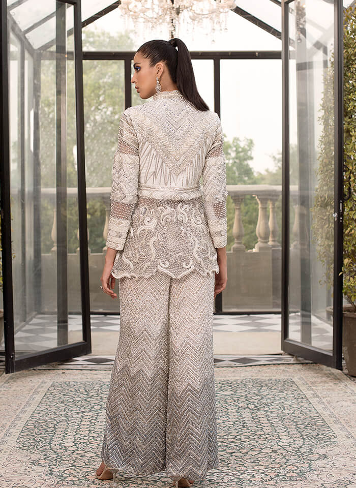 Pakistani Ivory Hand-Embellished Silk Peplum Jacket (2-Piece) - Image 2